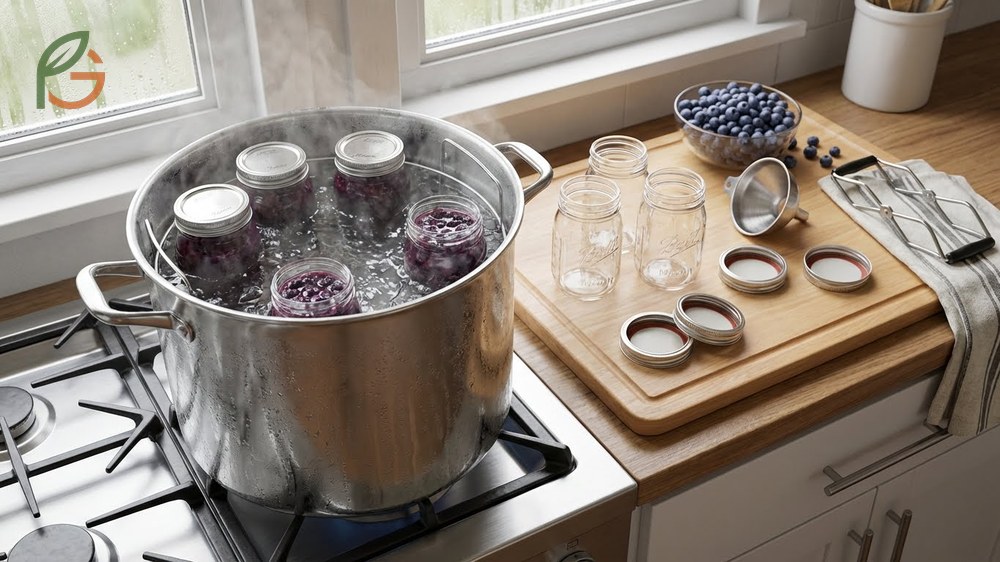 Water bath canning guide for blueberry preserves processing jars in boiling water for 10 minutes to ensure safe long term shelf stability.