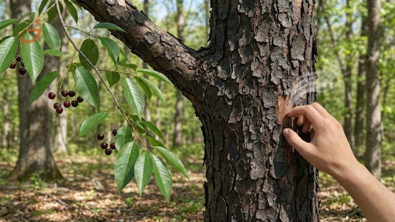 Wild black cherry tree guide identifying Prunus serotina features like dark flaky bark and uses.