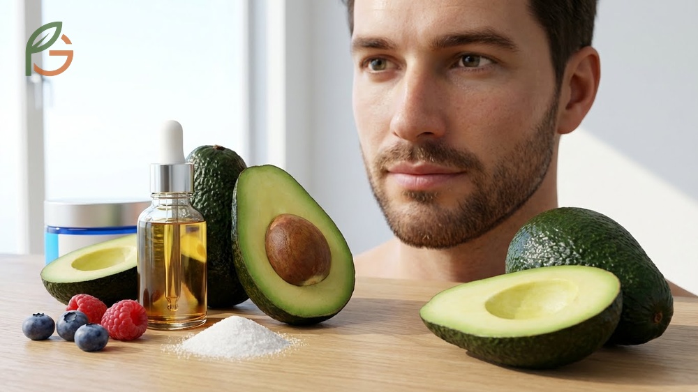 Avocado benefits for men skin utilizing vitamin E and monounsaturated fats to protect against UV damage.