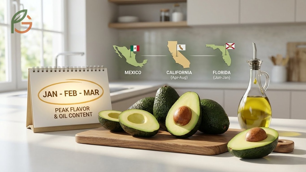 Best time of year for avocados from California is April through August when oil content and flavor reach peak levels.