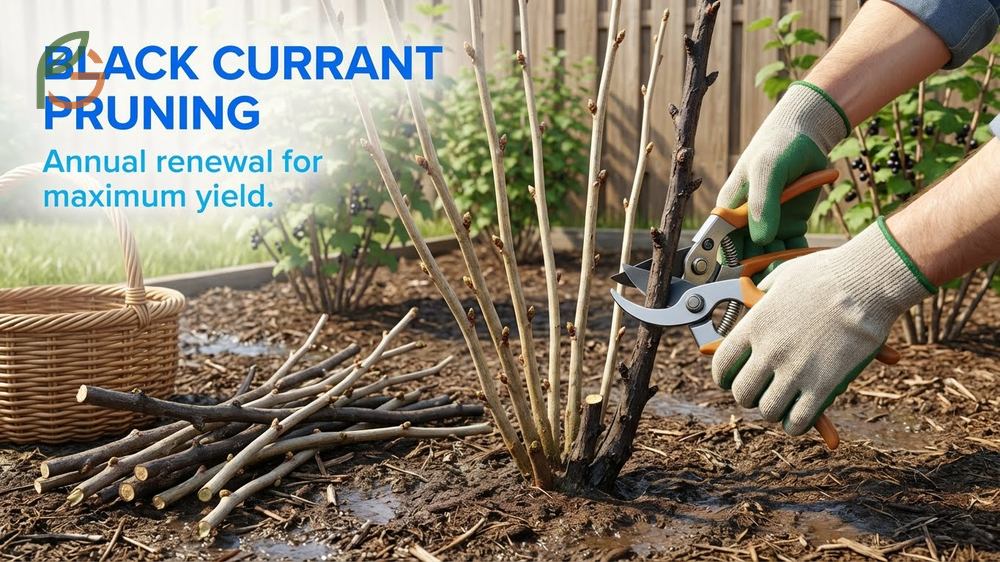 Black currant pruning techniques removing one-third of oldest stems to encourage vigorous new shoots for future harvests.