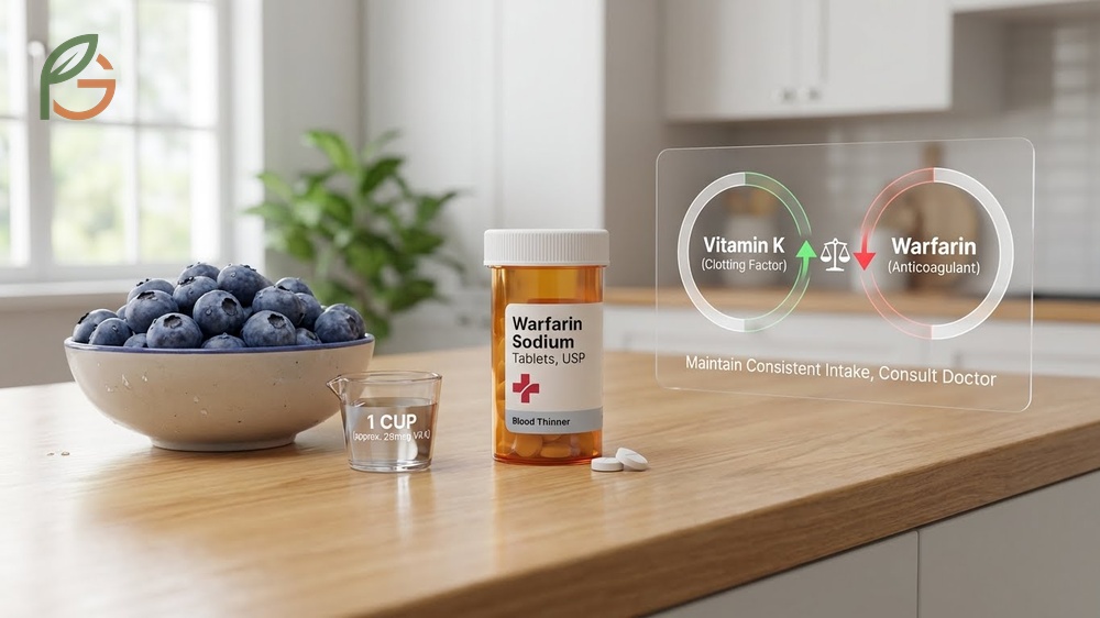 Blueberries containing vitamin K which requires consistent intake for those on blood-thinning medications.