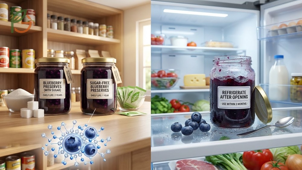 Shelf life and storage of blueberry preserves showing clear jars stored in a cool dry place lasting up to 2 years when properly canned.