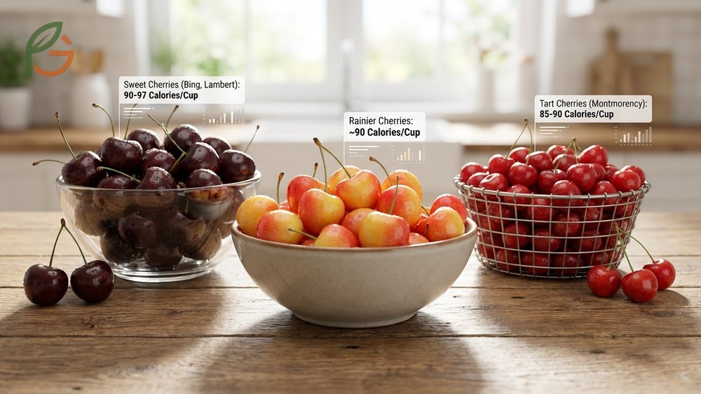 Comparison of Bing and Rainier cherry varieties showing caloric values between 90 and 97 calories per cup.