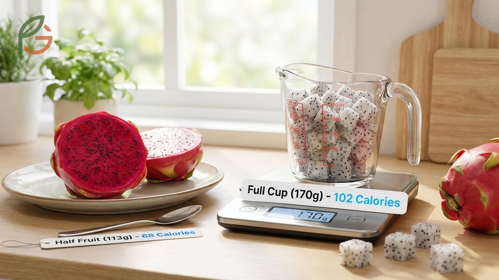 Calories per serving of dragon fruit showing a full cup of cubes provides approximately 102 calories for a filling snack.