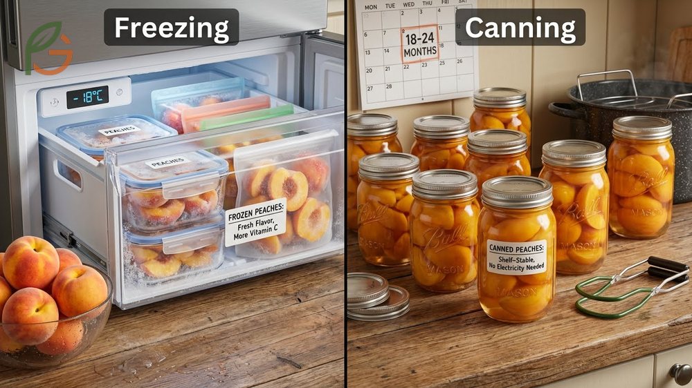 Canning vs freezing peaches comparison noting that canned fruit lasts 18 to 24 months compared to frozen fruit.