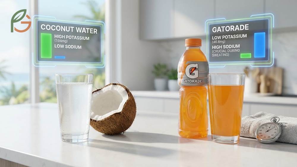 Coconut water vs Gatorade comparison chart highlighting higher potassium content versus sugar and sodium levels.