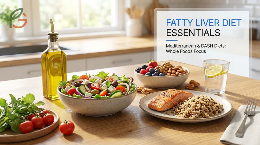 Fatty liver diet essentials focusing on fiber rich plants and omega 3 fish to reduce insulin resistance.