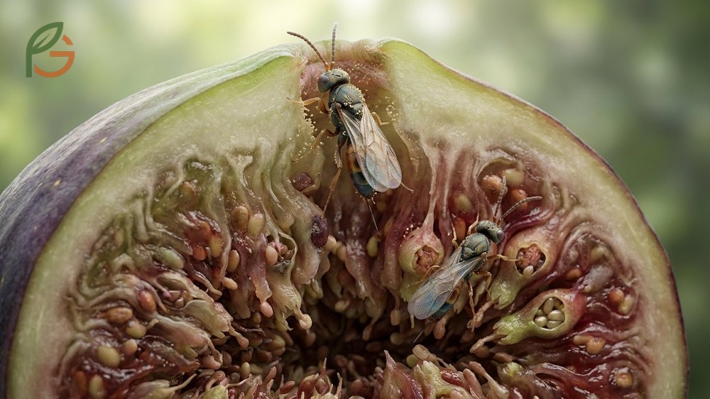 Fig wasp mutualism cycle illustrating how wasps enter the syconium to pollinate flowers and reproduce.