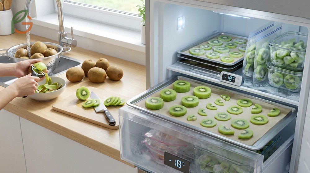 Freezing kiwi fruit involves peeling and cutting into rounds then flash freezing for 2-3 hours to preserve for smoothies.
