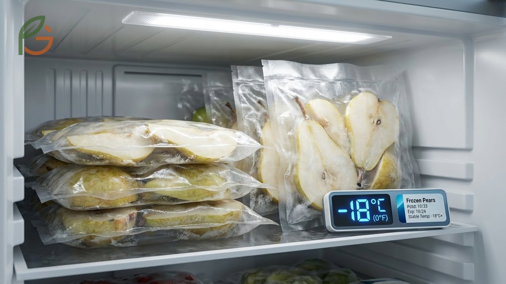 Frozen pear storage at minus 18 degrees Celsius maintains texture and quality for up to 18 months.