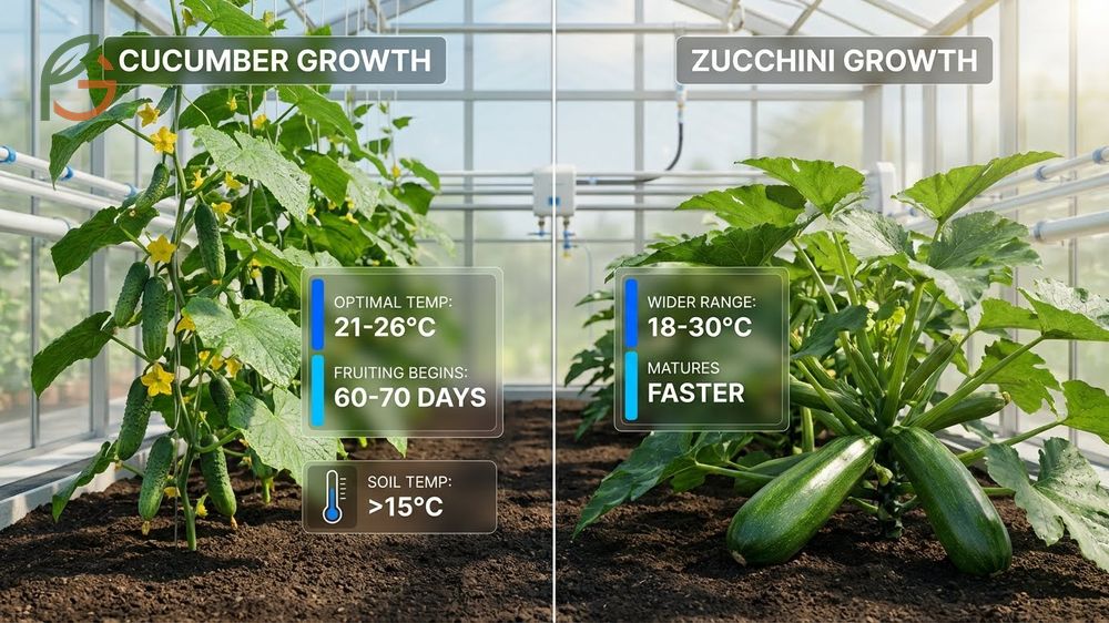 Growing and plant differences featuring vining cucumber plants on trellises versus compact bush-style zucchini plants in the garden.