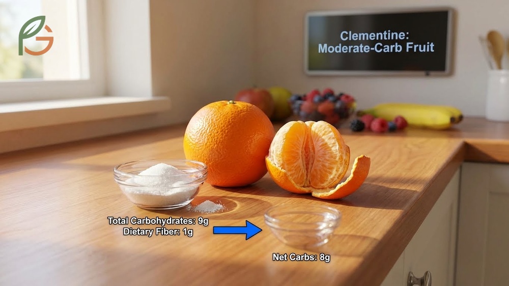 How many carbs in a clementine explained with 9 grams total carbs and 8 grams net carbs per fruit.