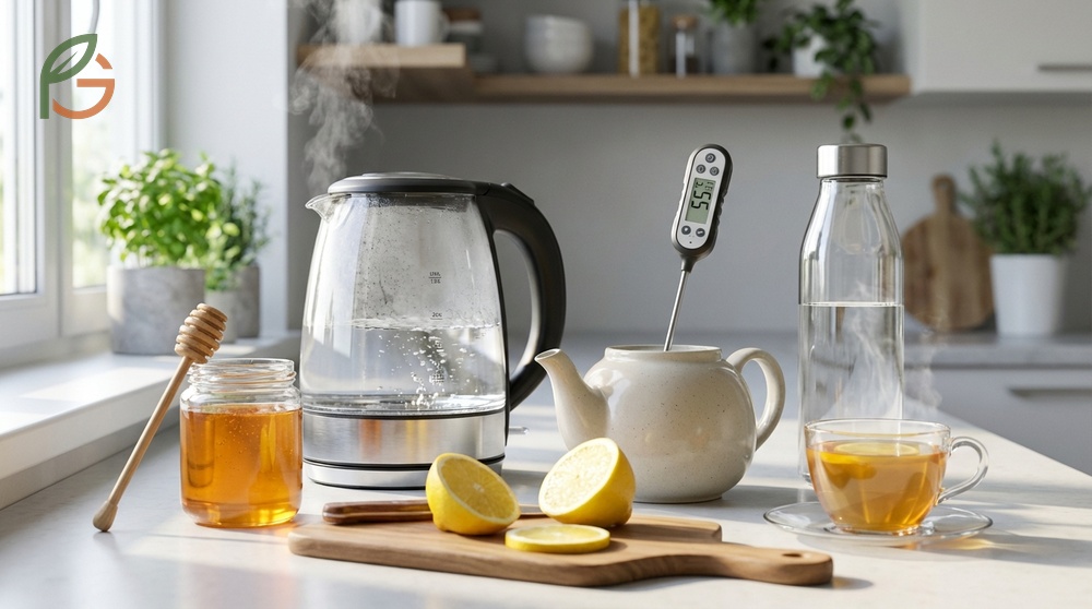How to make honey lemon tea involves heating water to 140 degrees Fahrenheit to preserve vitamin C effectiveness.