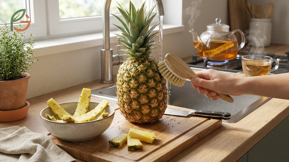 Step by step preparation of pineapple skin tea including washing peeling and simmering the fruit waste.