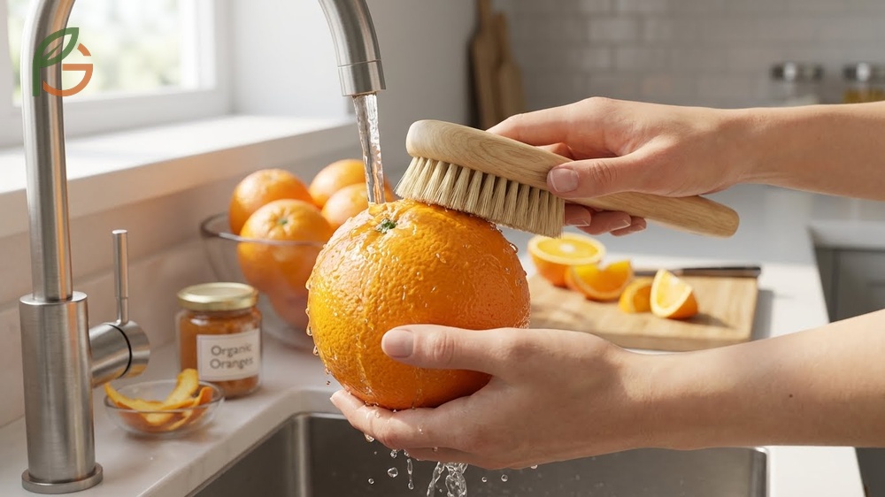 Safe preparation of orange peels involves washing with warm water to remove pesticides or choosing organic fruit.