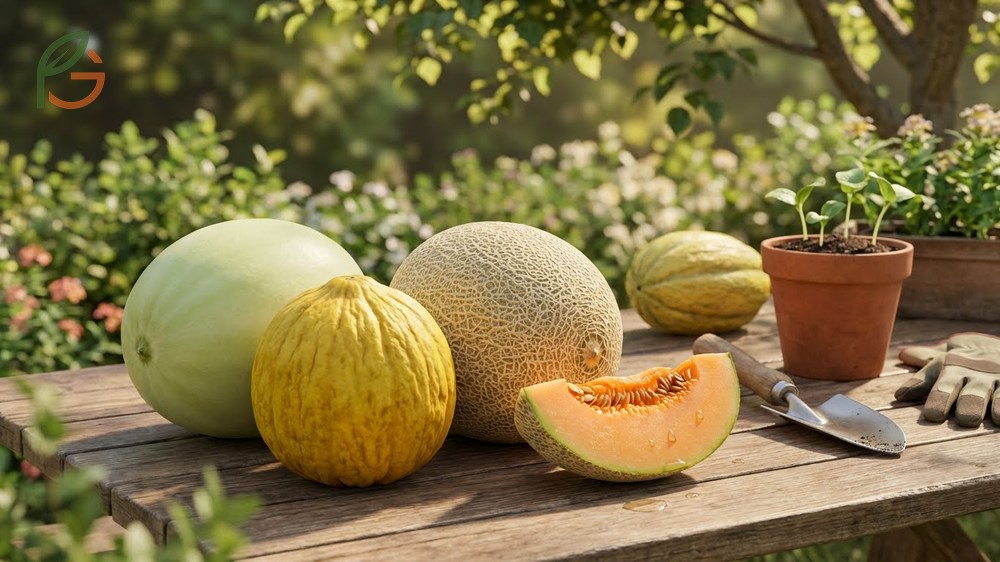Melon varieties comparison showing differences in rind texture and storage life between honeydew and cantaloupe.
