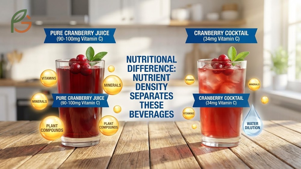Nutritional difference between cranberry juice vs cocktail reveals higher vitamin C and antioxidant levels in pure juice.