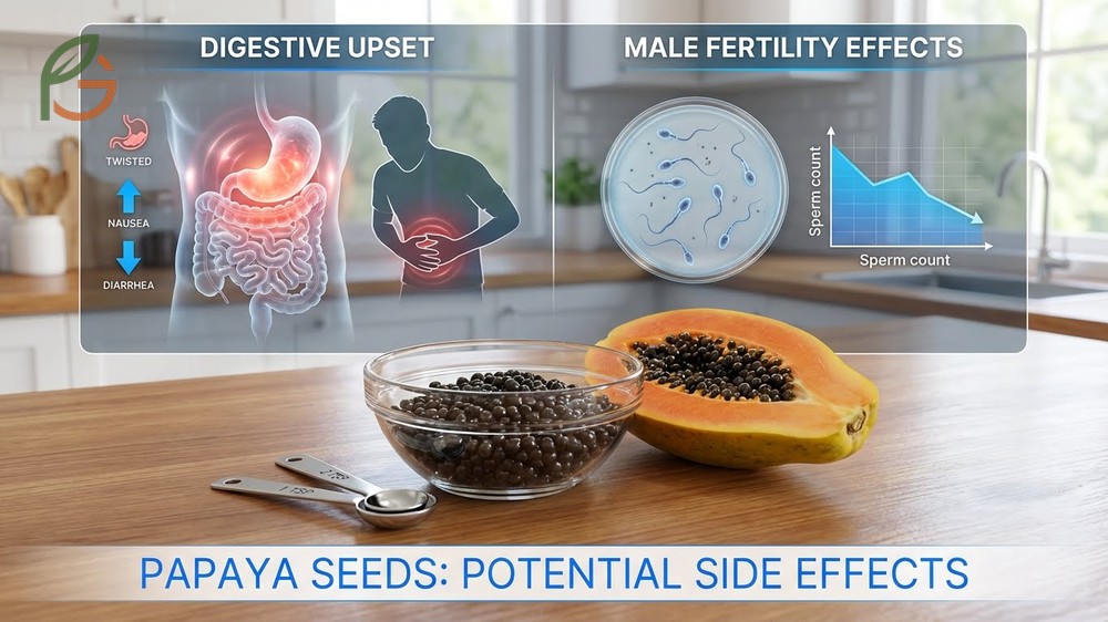 Papaya seeds side effects may include digestive upset or temporary fertility issues in men when consumed in excess.