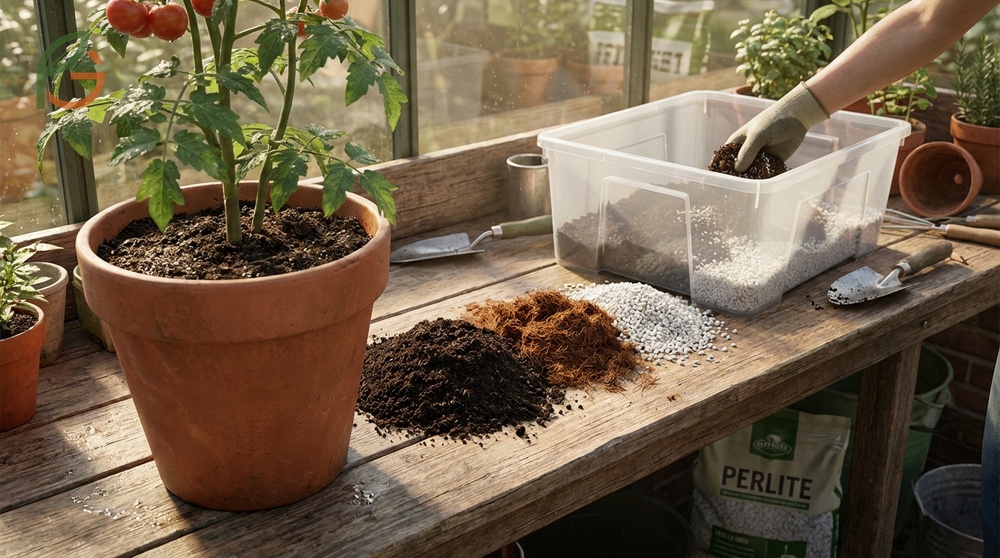 Container tomato planting utilizing a specialized mix of compost, coco coir, and perlite for optimal drainage.