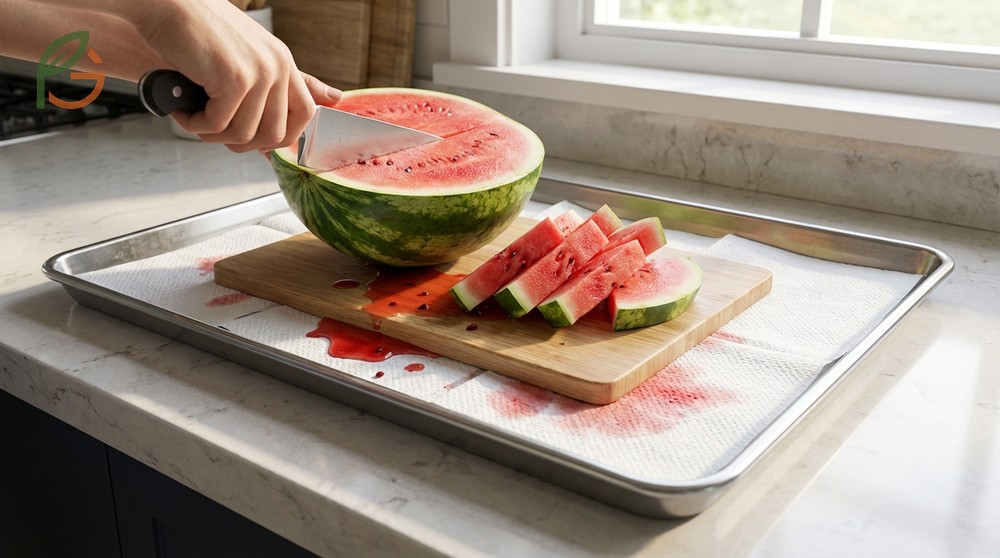 Preventing watermelon mess is simple by placing the cutting board inside a rimmed baking sheet to catch juice.