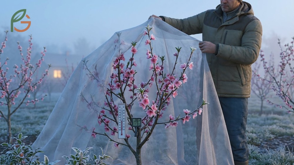 Late frost protection methods for peach trees using frost blankets and overhead sprinklers.
