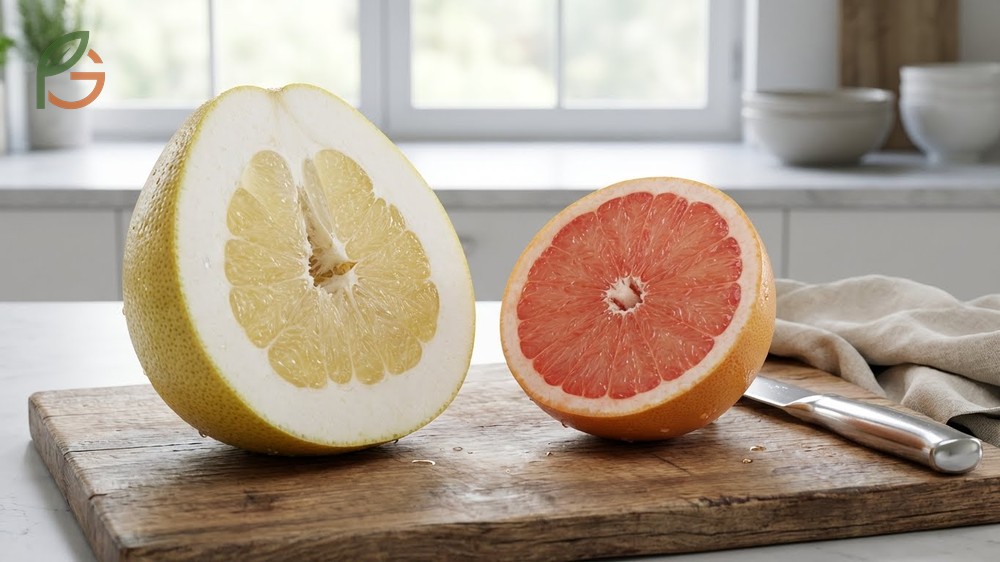Rind and pith characteristics distinguish the thick spongy skin of pomelos from the thinner quarter-inch rind of grapefruits.