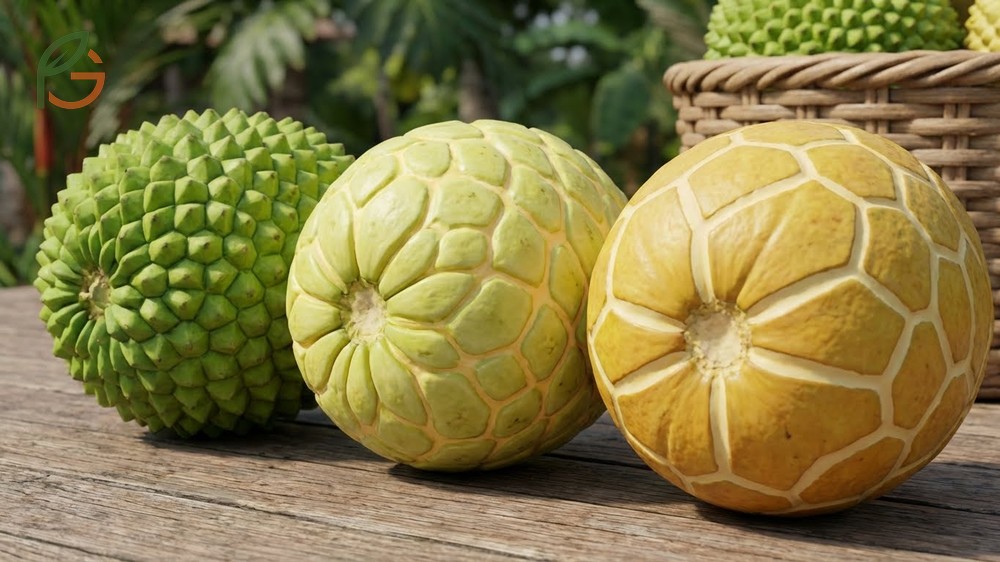 Ripeness indicators for breadfruit focusing on surface patterns and latex staining.