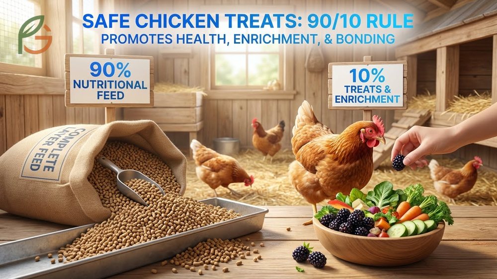 Safe chicken treats like blackberries should follow the 90/10 rule to prevent nutritional imbalances in the diet.