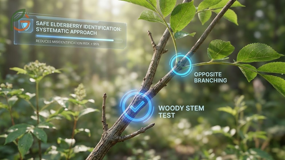 Safe elderberry identification relies on finding woody stems with bark and compound serrated leaves.