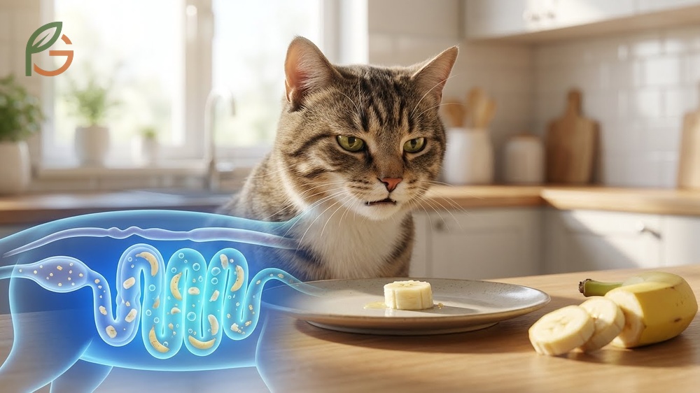 Side effects of bananas in cats may include vomiting or diarrhea due to their inability to digest sugars efficiently.