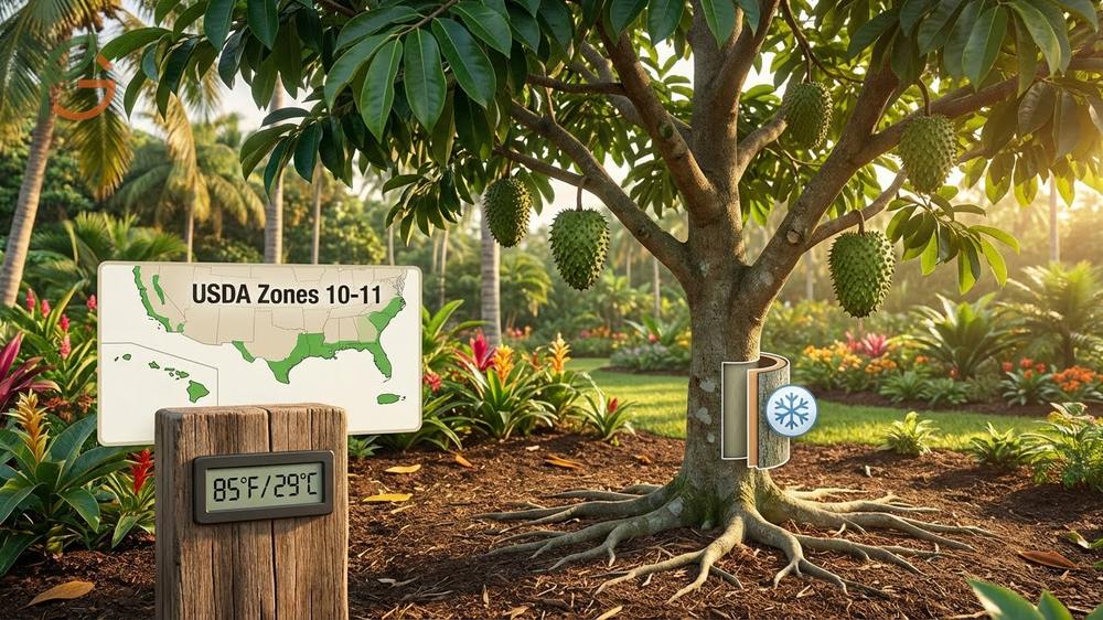 Soursop growing zone map highlighting suitable areas in southern Florida and Hawaii where temps stay above 35 degrees.