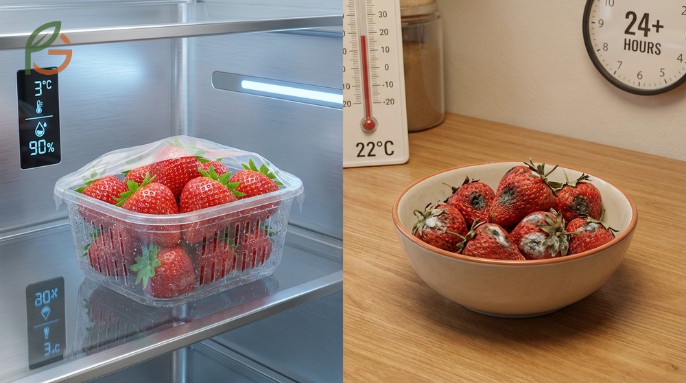 Fresh unwashed strawberries prepared for cold storage at optimal temperature and humidity to maintain quality.