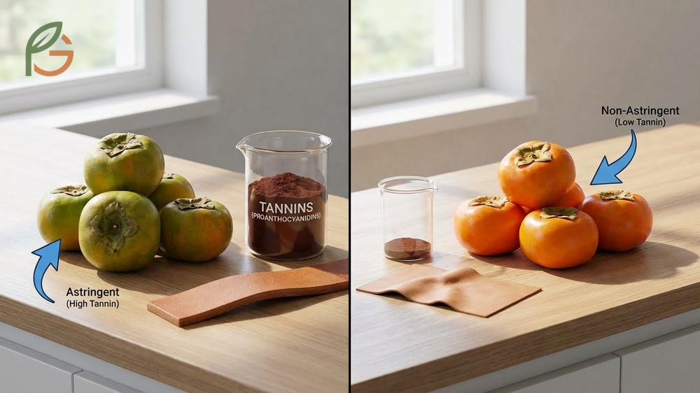 Tannin content persimmons analysis showing non-astringent varieties contain only 2.5-20% of the tannins found in astringent types.