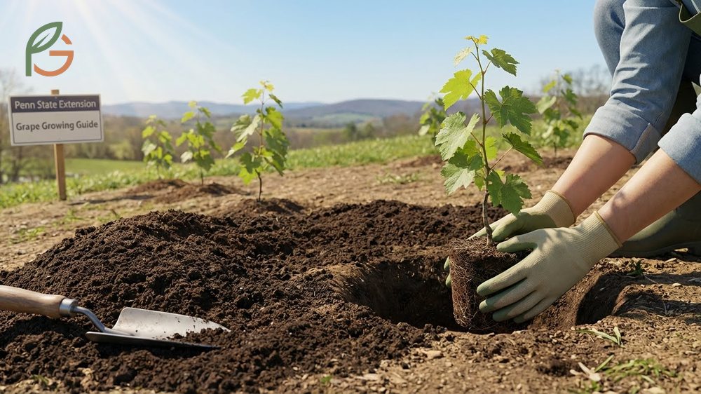 Transplanting grape seedlings outdoors requires full sun exposure and well drained soil spaced 6 to 8 feet apart.