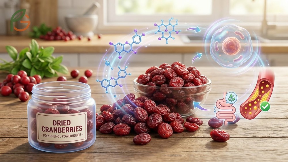 Benefits of dried cranberries include high antioxidant content of 270 mg per 100g to combat free radicals.