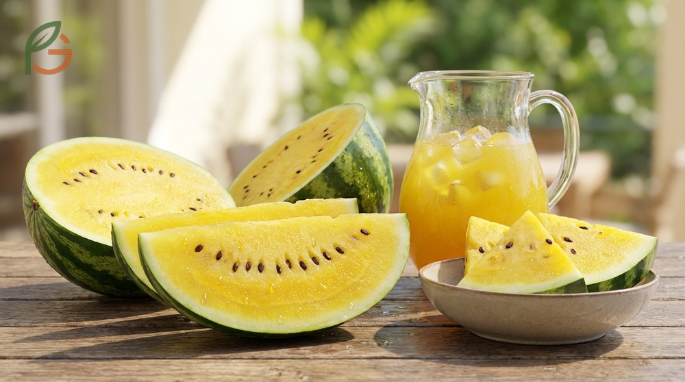 Benefits of yellow watermelon include 90 percent water content and only 46 calories per cup for weight management.