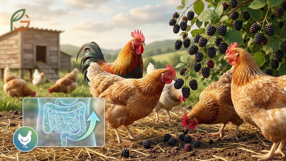 Blackberries for poultry offer high vitamin K and manganese content along with hydration for egg-laying hens.