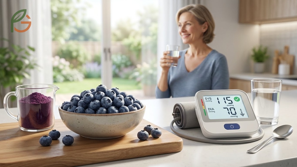 Healthy arteries illustrated alongside blueberries to show the reduction in arterial stiffness and blood pressure.