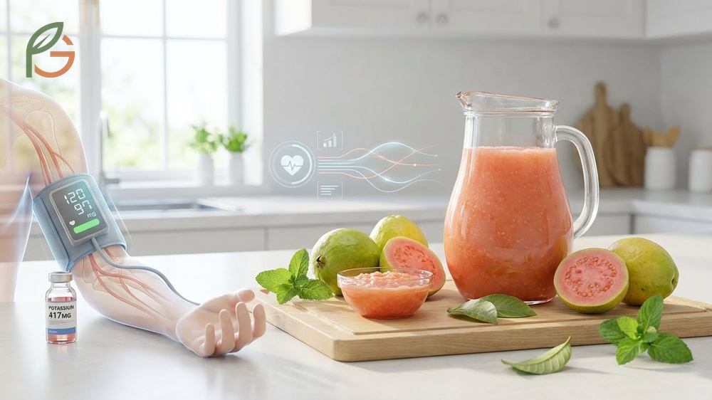 Health benefits guava juice offers include potassium for heart health and dietary fiber to support digestive regularity.