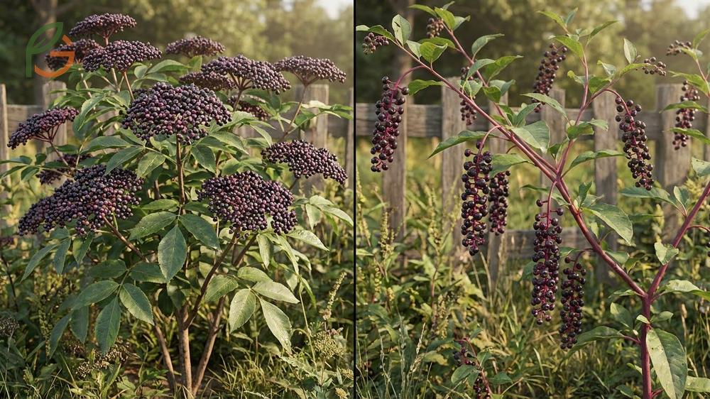 Elderberry vs pokeweed differences show flat berry clusters on woody stems versus drooping chains on red stems.