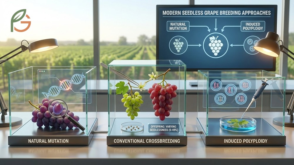Grape breeding methods for seedless varieties involve stenospermocarpy and embryo rescue techniques.