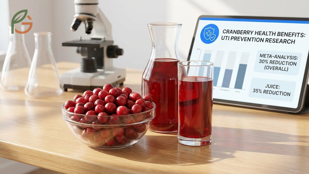 Health benefits of cranberry juice for UTI prevention include 30 percent risk reduction compared to cocktails.