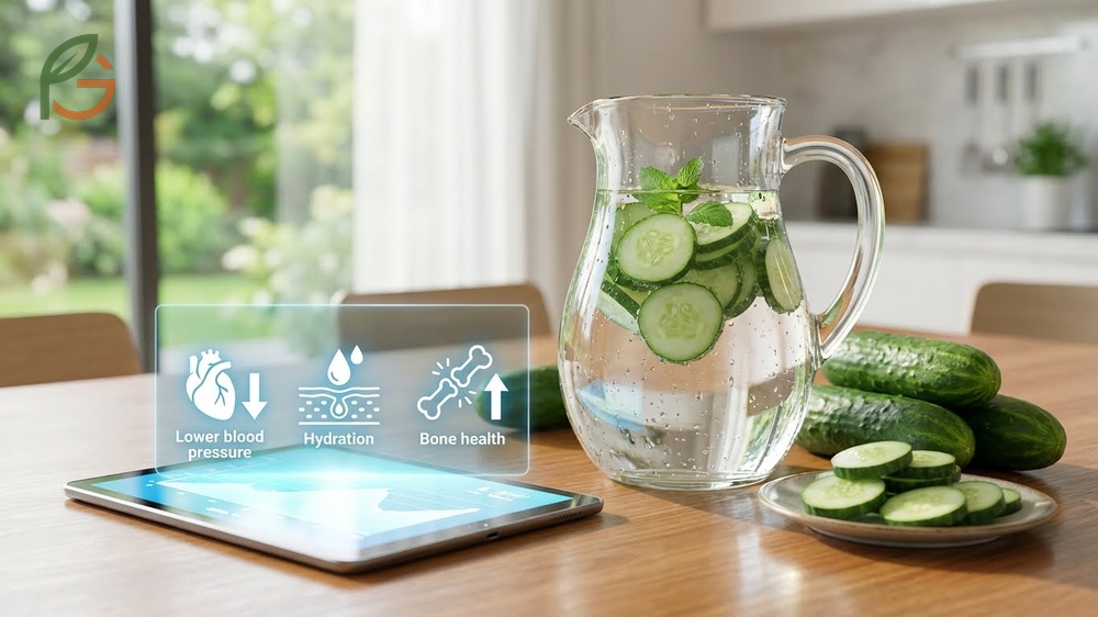 Health benefits of cucumber water showing 15 percent daily vitamin K for bone density and skin health.