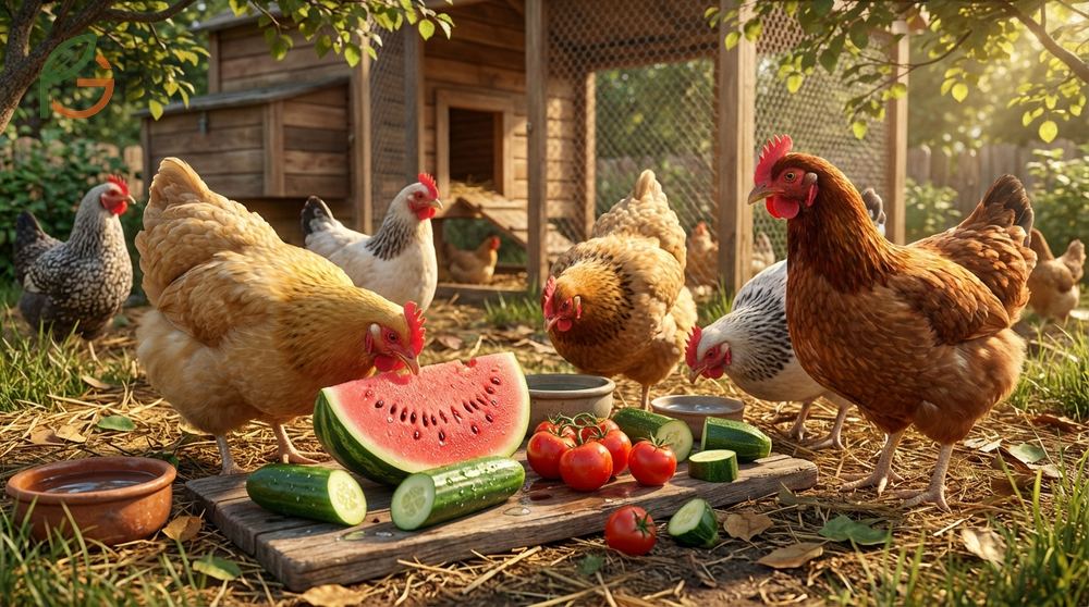Summer treats for chickens like frozen berries and cucumbers should make up only 10 percent of diet.