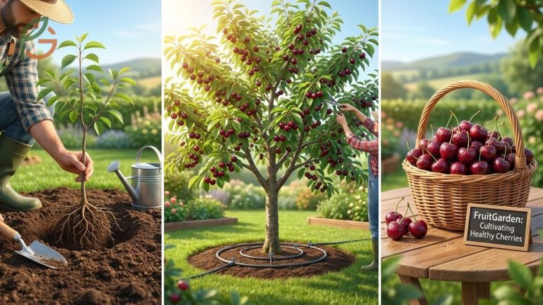 Healthy cherry tree orchard showing growth stages from planting to fruit production in full sun conditions.