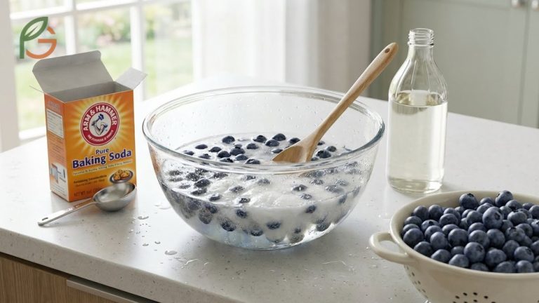 How to wash blueberries with vinegar and baking soda to remove up to 100 percent of pesticide residues and bacteria using simple kitchen ingredients.