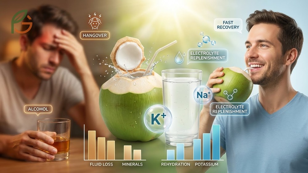 Coconut water aiding hangover recovery by replenishing electrolytes and stabilizing blood sugar after alcohol consumption.