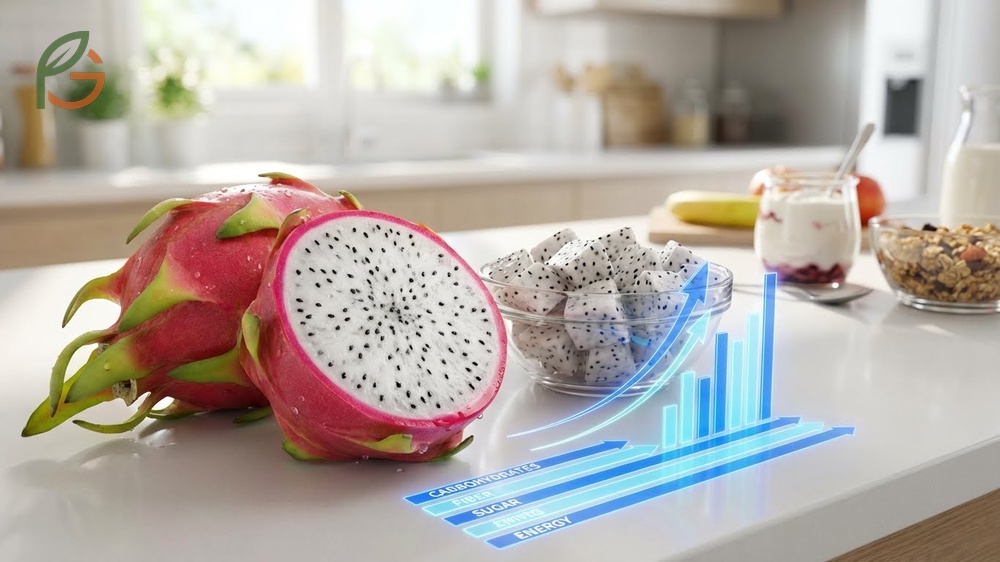 Macronutrients in dragon fruit displaying 13 grams of carbohydrates and 3 grams of fiber with negligible fat content.