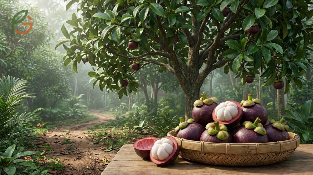 Mangosteen fruit characteristics include a deep purple rind and snow white segments grown in tropical zones.